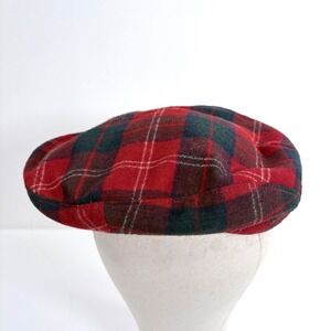 Pendleton Flat Cap Red Green Plaid Wool Vintage Newsboy Hat Flawed Mended